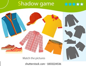 Schattenspiel für Kinder. Entspricht dem richtigen Schatten. Farbbild männlicher Kleidung. Hemd, Shorts, Hemd, Jeans, Turnschuhe und Baseballkappe. Arbeitsblatt-Vektordesign für Kinder und Vorschulen.