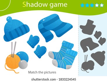 Shadow Game for kids. Match the right shadow. Color images of knitted clothing. Skeins or balls of yarn with knitting needles, socks, scarf, hat, mittens. Worksheet vector design for children