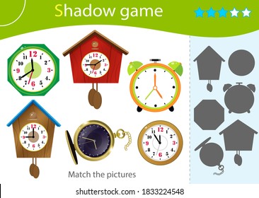 Shadow Game for kids. Match the right shadow. Color images of watches. Alarm clock, wall clock with cuckoo, electronic timepiece, wristwatch. Worksheet vector design for children and for preschoolers