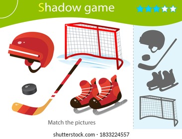 Shadow Game for kids. Match the right shadow. Color image of cartoon skates with helmet, stick and puck. Sports equipment. Hockey. Worksheet vector design for children and for preschoolers.