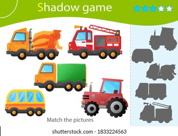 Shadow Game for kids. Match the right shadow. Color images cartoon cars. Truck and tractor. Fire truck and concrete mixer. Bus. Transport or vehicle. Worksheet vector design for children