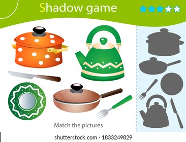 Shadow Game for kids. Match the right shadow. Color image of dishes. Pan, kettle, knife, frying pan, plate, fork. Worksheet vector design for children and for preschoolers.