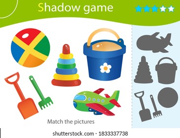 Shadow Game for kids. Match the right shadow. Color images of toys. Toy shovel with bucket, ball, pyramid, plane. Worksheet vector design for children and for preschoolers.