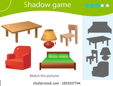 Juego de sombras para los niños. Coincide con la sombra derecha. Imágenes en color de muebles de dibujos animados. Mesa, silla, cama, lámpara, silla. Diseño vectorial de hoja de trabajo para niños y preescolares.