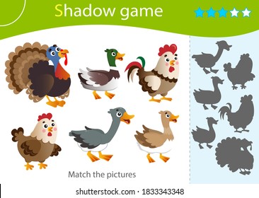 Shadow Game for kids. Match the right shadow. Color images of farm animals. Poultry. Turkey, goose, duck, Drake, hen, rooster. Worksheet vector design for children and for preschoolers.
