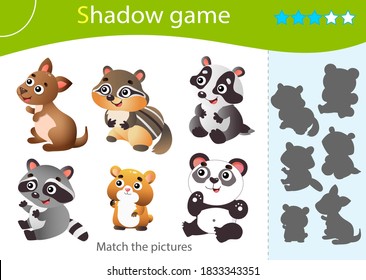 Shadow Game for kids. Match the right shadow. Color images of little animals. Panda, raccoon, badger, chipmunk, hamster, kangaroo. Worksheet vector design for children and for preschoolers.