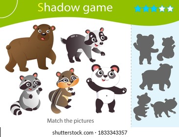 Shadow Game for kids. Match the right shadow. Color images of animals.  Panda, raccoon, chipmunk, badger, bear. Worksheet vector design for children and for preschoolers.