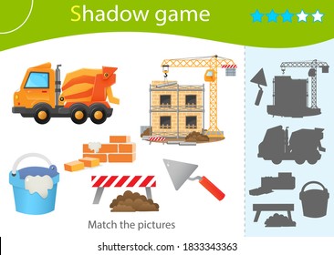 Shadow Game for kids. Match the right shadow. Color image of build of house with elevating crane, concrete mixer and construction tools. Worksheet vector design for children and for preschoolers.