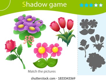 Juego de sombras para los niños. Coincide con la sombra derecha. Imágenes de color de las flores. Rosas, tulipanes, violetas. Diseño vectorial de hoja de trabajo para niños y preescolares.