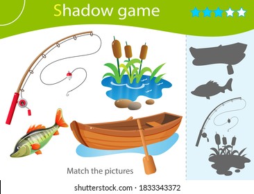 Shadow Game for kids. Match the right shadow. Color image of cartoon boat with paddles, fishing rod and big fish. Hobby and fishery. Worksheet vector design for children and for preschoolers.