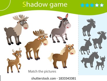 Shadow Game for kids. Match the right shadow. Color images of animals. Elk, reindeer, horse, donkey, deer. Worksheet vector design for children and for preschoolers.