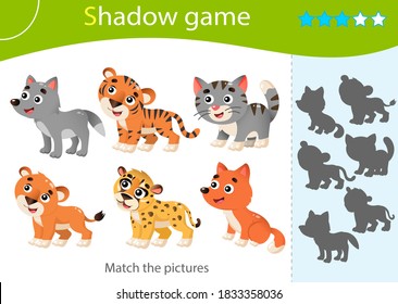 Shadow Game for kids. Match the right shadow. Color images of baby animals. Little cat, wolf, lion, tiger, cheetah, fox. Worksheet vector design for children and for preschoolers.
