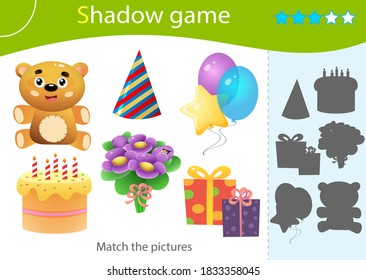 Shadow Game for kids. Match the right shadow. Color image of  holiday cake with gifts, toys and balloons. Children's birthday. Worksheet vector design for preschoolers.