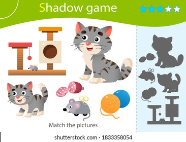 Shadow Game for kids. Match the right shadow. Color image of cartoon cat with kitten. Pets. Worksheet vector design for children and for preschoolers.