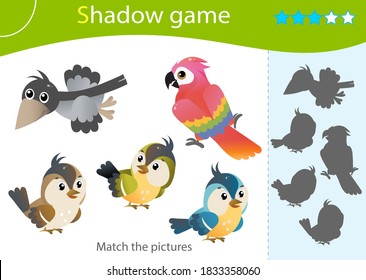 Shadow Game for kids. Match the right shadow. Color images of cartoon birds. Crow, parrot, sparrow, titmouse. Worksheet vector design for children and for preschoolers.