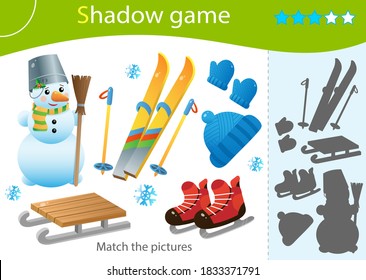 Shadow Game for kids. Match the right shadow. Color image of ski, skates, snowman, wood sledge, cap, mittens. Winter leisure activities. Worksheet vector design for children and for preschoolers.