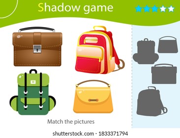 Shadow Game for kids. Match the right shadow. Color images of bags. Backpack, handbag, briefcase, satchel. Worksheet vector design for children and for preschoolers.