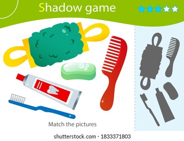 Shadow Game for kids. Match the right shadow. Color images of care and hygiene items. Toothpaste with brush, soap, washcloth, comb. Worksheet vector design for children and for preschoolers.