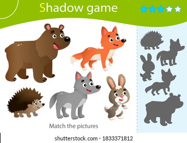 Shadow Game for kids. Match the right shadow. Color images of wild animals. Bear, Wolf, Hedgehog, Hare, Fox. Worksheet vector design for children and for preschoolers.