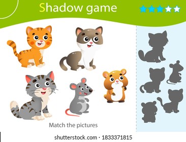 Shadow Game for kids. Match the right shadow. Color images of animals.  Cats, mouse, hamster. Worksheet vector design for children and for preschoolers.