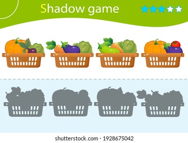 Shadow Game for kids. Match the right shadow. Baskets of vegetables. Cabbage, beetroot, tomato, eggplant, pumpkin, carrot, zucchini. Worksheet vector design for children.
