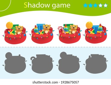 Shadow Game For Kids. Match The Right Shadow. Santa Claus Bag With Gifts, Toys And Sweets. Christmas. New Year. Worksheet Vector Design For Children.