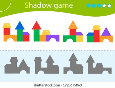 Shadow Game for kids. Match the right shadow. Toy pyramids. Worksheet vector design for children.