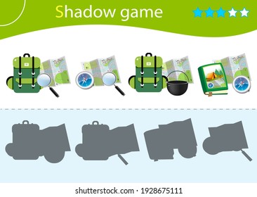 Shadow Game for kids. Match the right shadow. Tourist sets. Backpack with bowler, map and compass. Worksheet vector design for children.