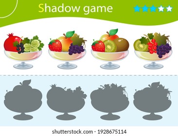 Shadow Game for kids. Match the right shadow. Vases with fruits and berries. Currant, strawberry, apricot, strawberry, cherry, raspberry, gooseberry, grapes, apple, kiwi. Worksheet vector design