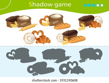 Shadow Game for kids. Match the right shadow. Baked goods. Bread with wheat loaf, puff bun, donut, bagel with poppy. Worksheet vector design for children.