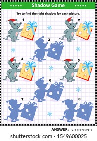 Shadow game with mice wearing santa caps and holding cheese slices as gifts with bows: Try to find the right shadow for each picture. Answer included.