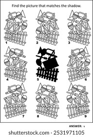 Shadow game with musical instruments: Find the picture that matches the shadow. Answer included.
