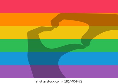 Shadow gesture with hands in the form of a heart on the background of the flag of pride. Vector illustration flat design. Isolated on white background.