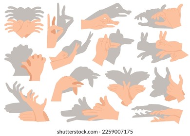 Schattenhand Tiere flache Symbole gesetzt. Erstellen Sie lustige wilde Tiere mit Licht mit Fingern. Löwe, Hirsch, Spinne und Fledermaus. Kreative Zeichen. Farbisolierte Illustrationen