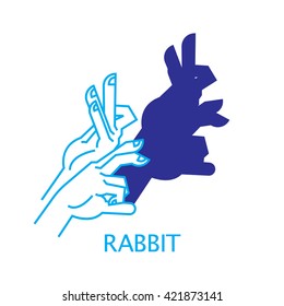 Shadow Hand Puppet Rabbit. Vector Illustration of Shadow Hand Puppet Isolated on a White Background. Shadow Theater or Shadow Play. Icon of Shadow Hand Puppet Rabbit in Mix Style - Thin Line and Flat.