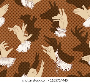 Shadow hand puppets, Victorian era, seamless pattern, vector