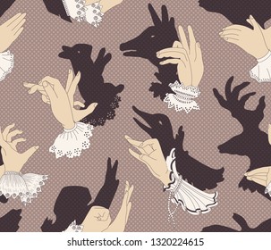 Shadow hand puppets, Victorian era, seamless pattern, vector, light background