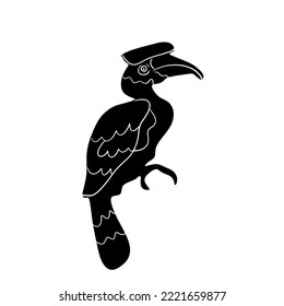 Shadow of a hornbill perched on a branch.Isolated vector illustration on a white background.