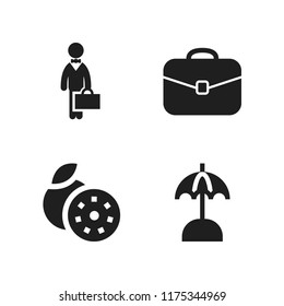 shadow icon. 4 shadow vector icons set. black rounded suitcase tool, sun umbrella and businessman standing with bow tie and suitcase icons for web and design about shadow theme
