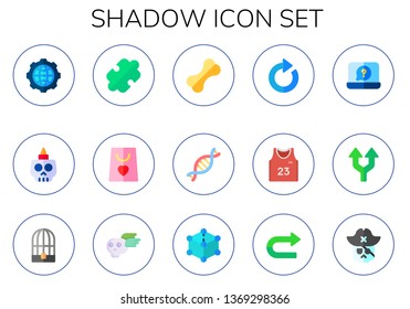 shadow icon set. 15 flat shadow icons.  Collection Of - global, skull, puzzle, shopping bag, dog food, dna, refresh, basketball jersey, notebook, double arrow, bird cage, cube