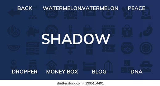 shadow icon set. 32 filled shadow icons. on blue background style Collection Of - Back, Watermelon, Peace, Dropper, Money box, Blog, Dna, Fishbowl, Refresh, Cat, Bird house, Profit