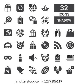 shadow icon set. Collection of 32 filled shadow icons included Shopping bag, Kidneys, Compress, Dna, Ring, Piece, Cat, Muted, Dropper, Eye mask, Dollar coins, Rss, Cd, Bird cage
