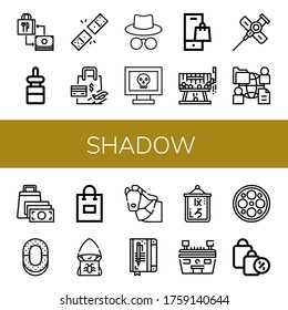 shadow icon set. Collection of Shopping bag, Dropper, Dominoes, Hacker, Raffle, Cannula, Global, Ring, Horse, Notebook, Logogram, Stadium, Surgery lamp icons