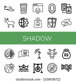 Shadow Icon Set. Collection Of Visor, Deer, Paper Cup, Global, Hacker, Shopping Bag, Ring, Dominoes, Q A, Carbon Dioxide, Steak, Paper Ship, Reflector, Darts Target, Hand Puppet Icons