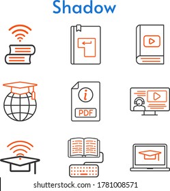 shadow icon set. included e-book, pdf, cap, student, laptop, instructor, school, homework, book, enter icons. bicolor styles.