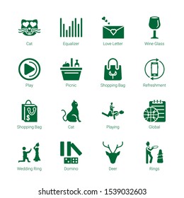 shadow icons. Editable 16 shadow icons. Included icons such as Cat, Equalizer, Love letter, Wine glass, Play, Picnic, Shopping bag, Refreshment, Playing. shadow trendy icons for web.