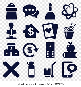 Shadow icons set. set of 16 shadow filled icons such as spa bag, bust, pepper, chinese fast food, cargo on cart, phone with heart, chat, cross, building, dollar, bank, domino