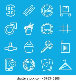 shadow icons set. Set of 16 shadow outline icons such as male, manicure scissors, sawing, chinese fast food, muffin, cargo on cart, phone with heart, grid, intercom, dollar