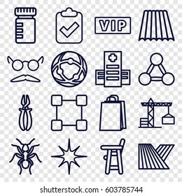 Shadow icons set. set of 16 shadow outline icons such as vip, ant, field, construction crane, baby chair, mustache and glasses, shopping bag, pliers, hospital, star