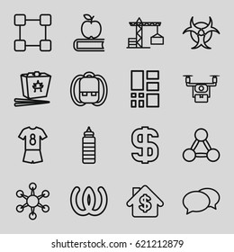 Shadow icons set. set of 16 shadow outline icons such as construction crane, chat, chinese fast food, grid, dollar, hazzard, football uniform, backpack, apple on book, omega